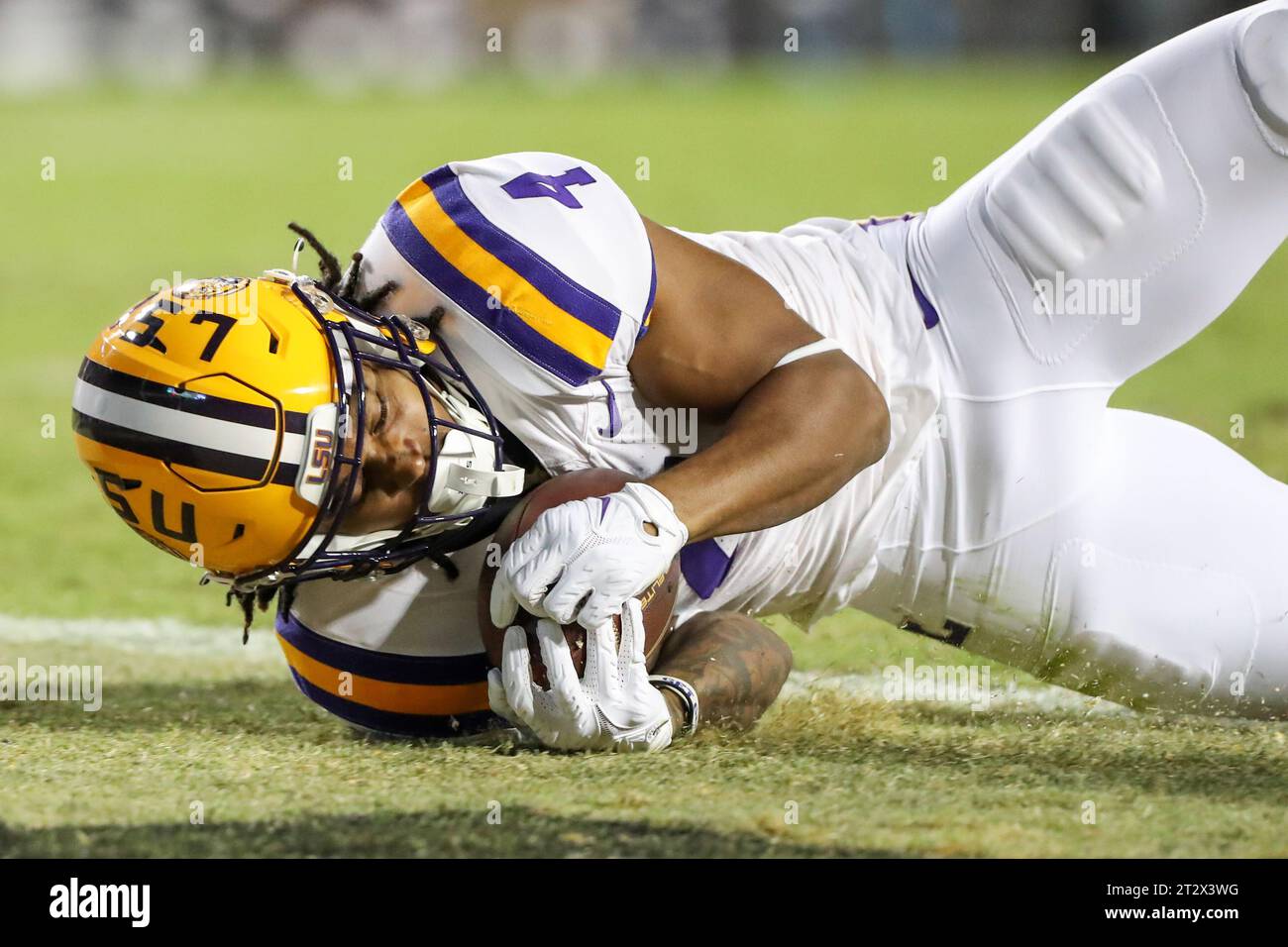 October 21, 2023: LSU running back John Emery Jr. (4) tries to dive into the endzone during NCAA football game action between the Army Black Knights and the LSU Tigers at Tiger Stadium in Baton Rouge, LA. Jonathan Mailhes/CSM Stock Photo