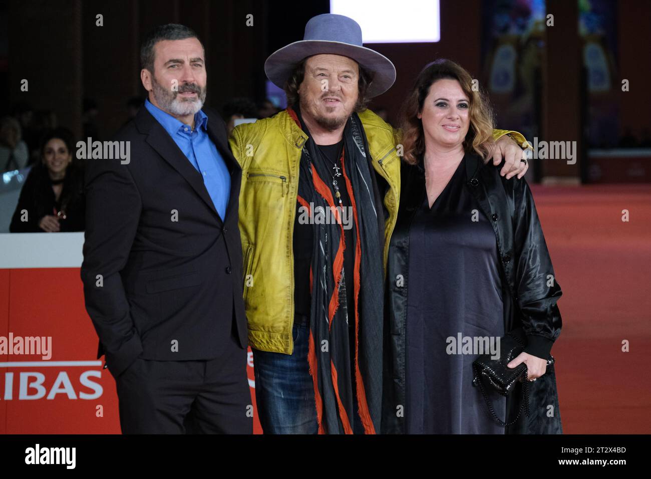 Rome, Italy. 21st Oct, 2023. Giangiacomo De Stefano (L), Zucchero Adelmo Fornaciari (C) and Valentina Zanella (R) attend a red carpet for the movie 'Fingernails' & 'Zucchero - Sugar Fornaciari' during the 18th Rome Film Festival at Auditorium Parco Della Musica in Rome. (Photo by Elena Vizzoca/SOPA Images/Sipa USA) Credit: Sipa USA/Alamy Live News Stock Photo