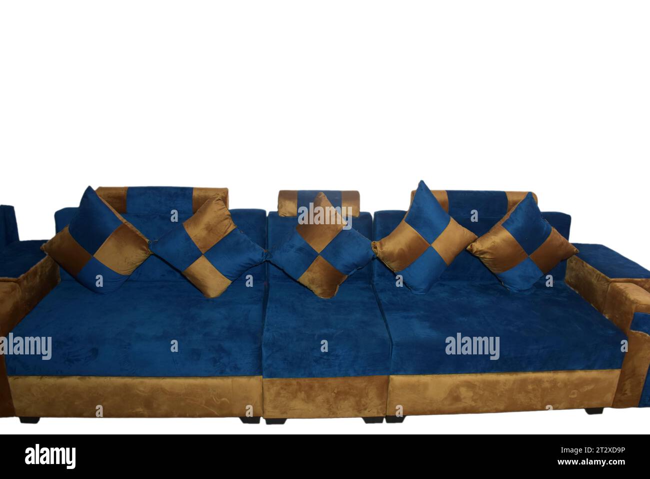 The photo shows navy blue and golden color of sofa set designs display