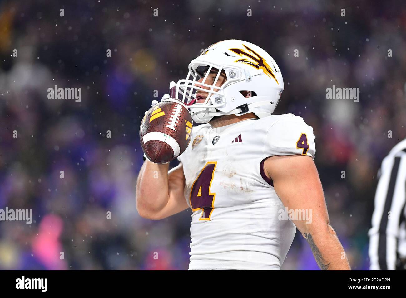 Seattle, WA, USA. 21st Oct, 2023. Arizona State Sun Devils running back Cameron Skattebo (4) celebrates a touchdown to give the Sun Devils a 7-0 lead during the NCAA football game between the Arizona State Sun Devils and Washington Huskies at Husky Stadium in Seattle, WA. Steve Faber/CSM/Alamy Live News Stock Photo