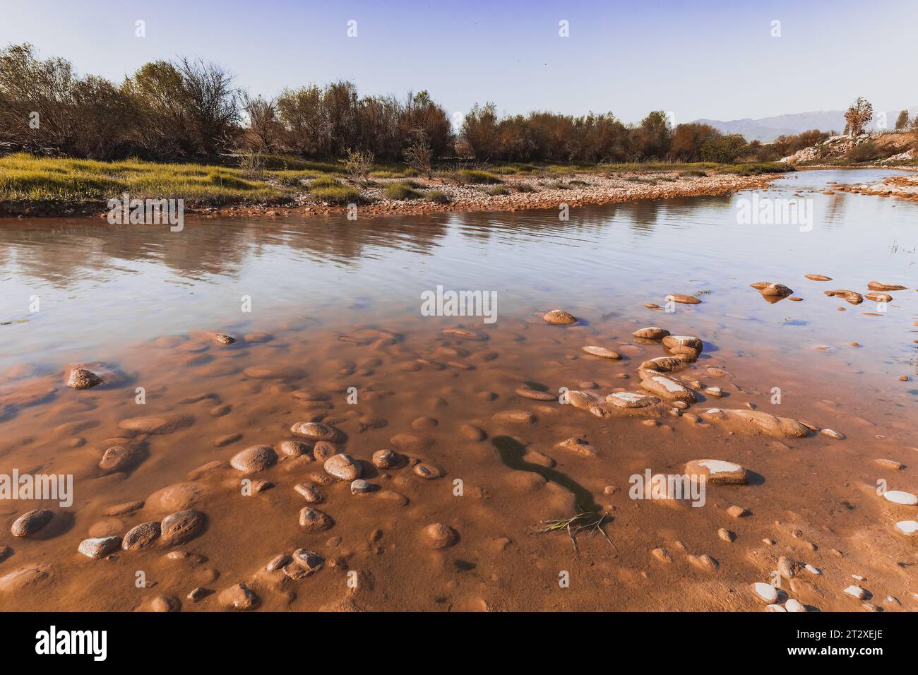 Background with river and stone shore Stock Photo