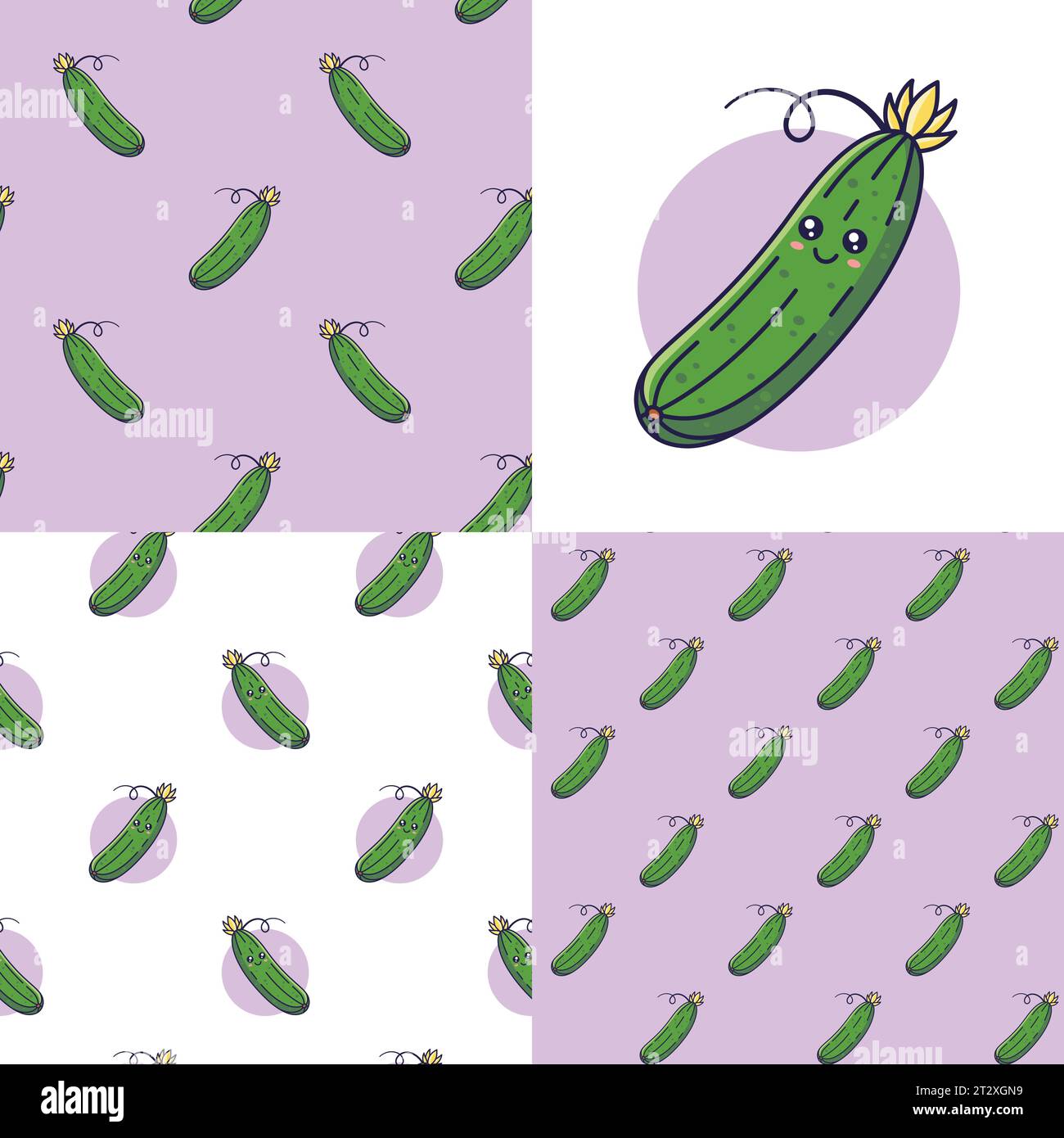 Set of Cute Kawaii cucumber patterns. Food vegetable flat icon. Cartoon ...