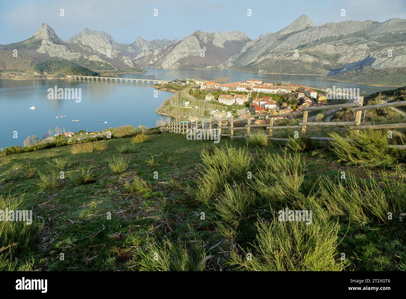 Panoramic photograph of the town and reservoir of Riaño, province of Leon, Spain. Stock Photo