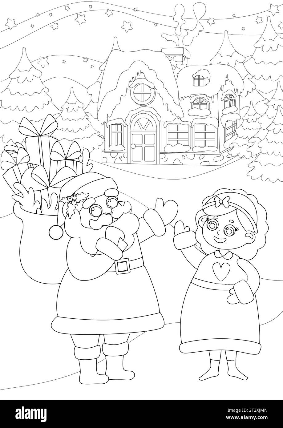 Coloring page. Santa Claus and Mrs. Santa are standing in front of their house and waving their arms. Stock Vector