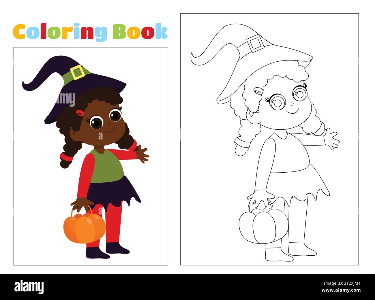 Coloring page. A witch in a hat in a costume with a basket in her hands. Stock Vector