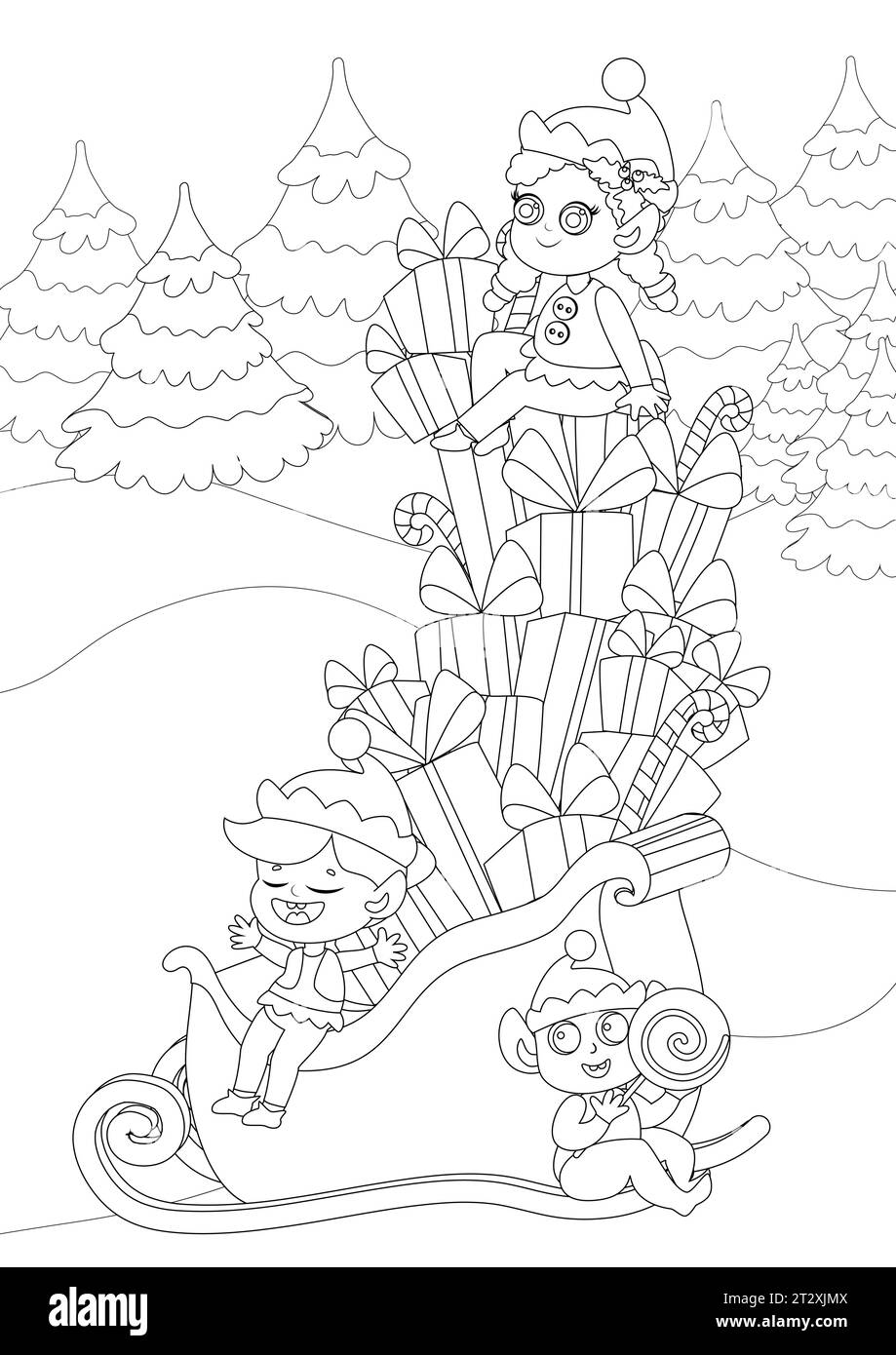 Coloring page. Elves near Santa's sleigh. The festive transport is loaded to the brim with gifts. Children are joyful and happy. Stock Vector