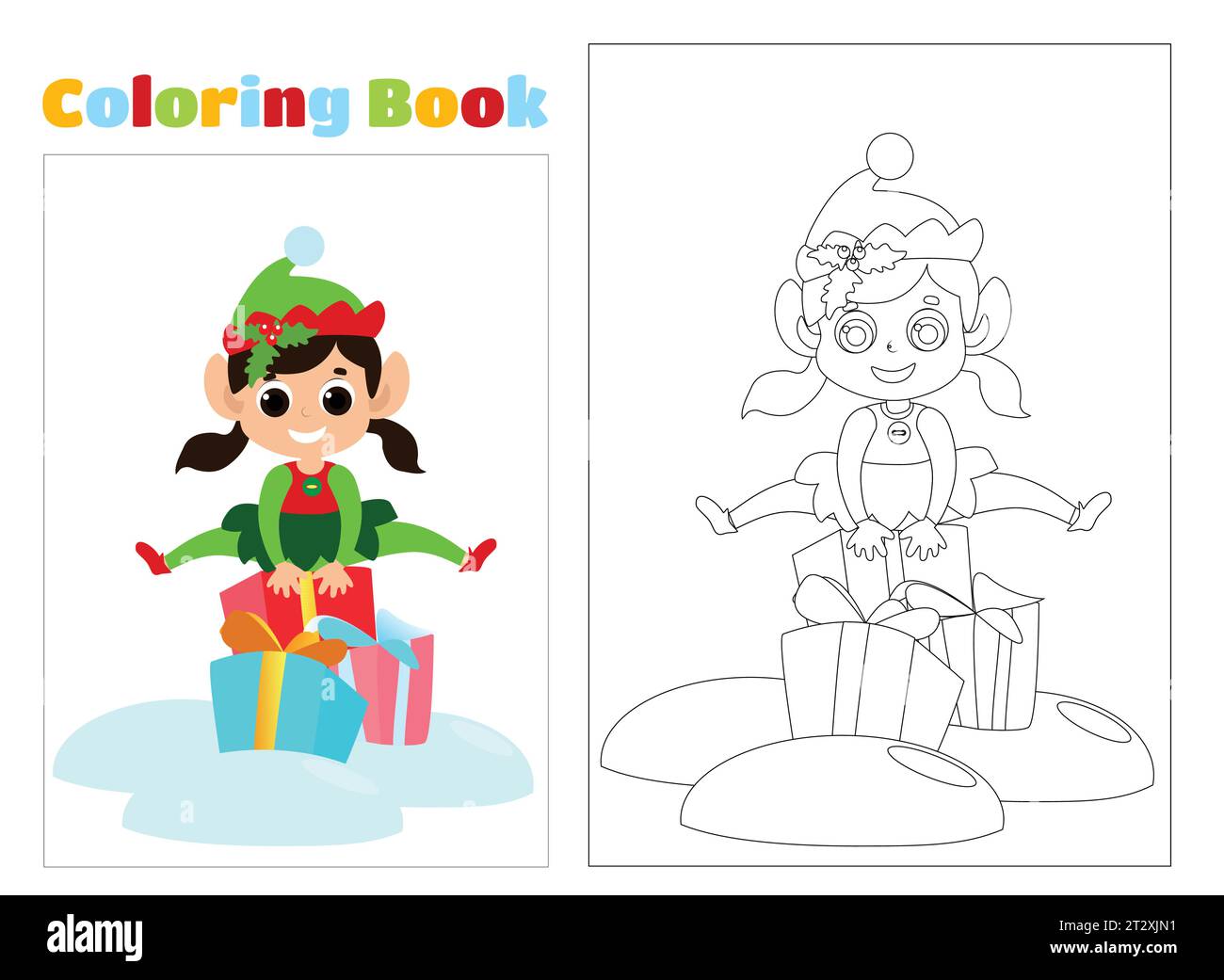 Coloring page. Little elf girl jumps over gift boxes. The child is happy and dressed in a traditional elf costume. She has a cute face and happy eyes. Stock Vector