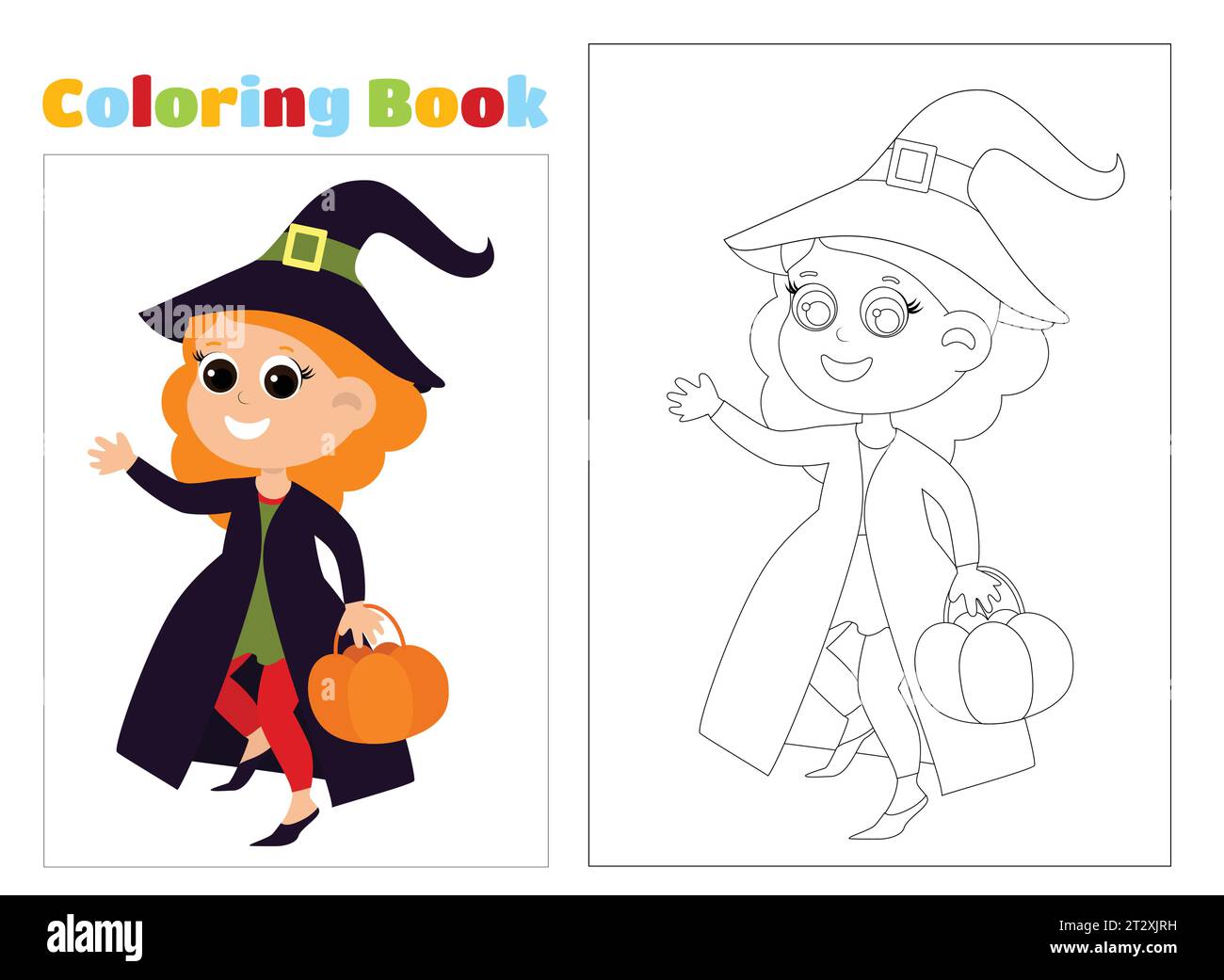 Coloring page. A witch in a cloak. Girl with red hair in a witch costume with a basket in her hands. Halloween illustration in cartoon style. Stock Vector