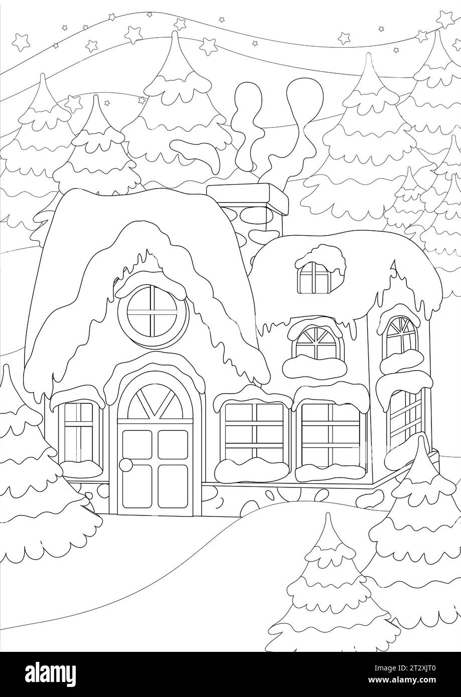Coloring Pages. Night or evening on the eve of Christmas and a cozy house among fir trees. Christmas trees and the roof are covered with snow. Stock Vector