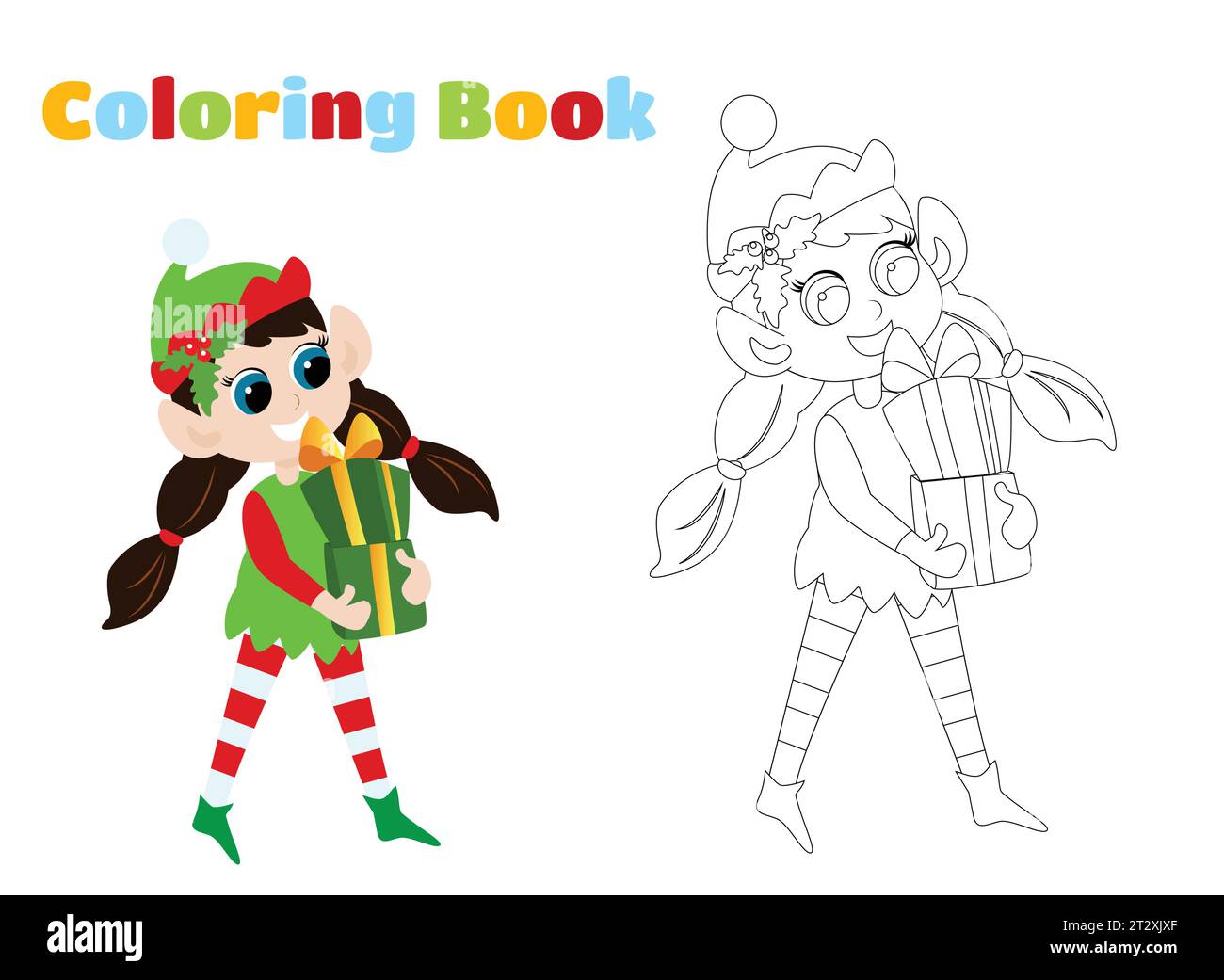 Coloring page. A cute elf girl in a traditional costume with pigtails carries boxes of Christmas gifts. Christmas character illustration in cartoon st Stock Vector