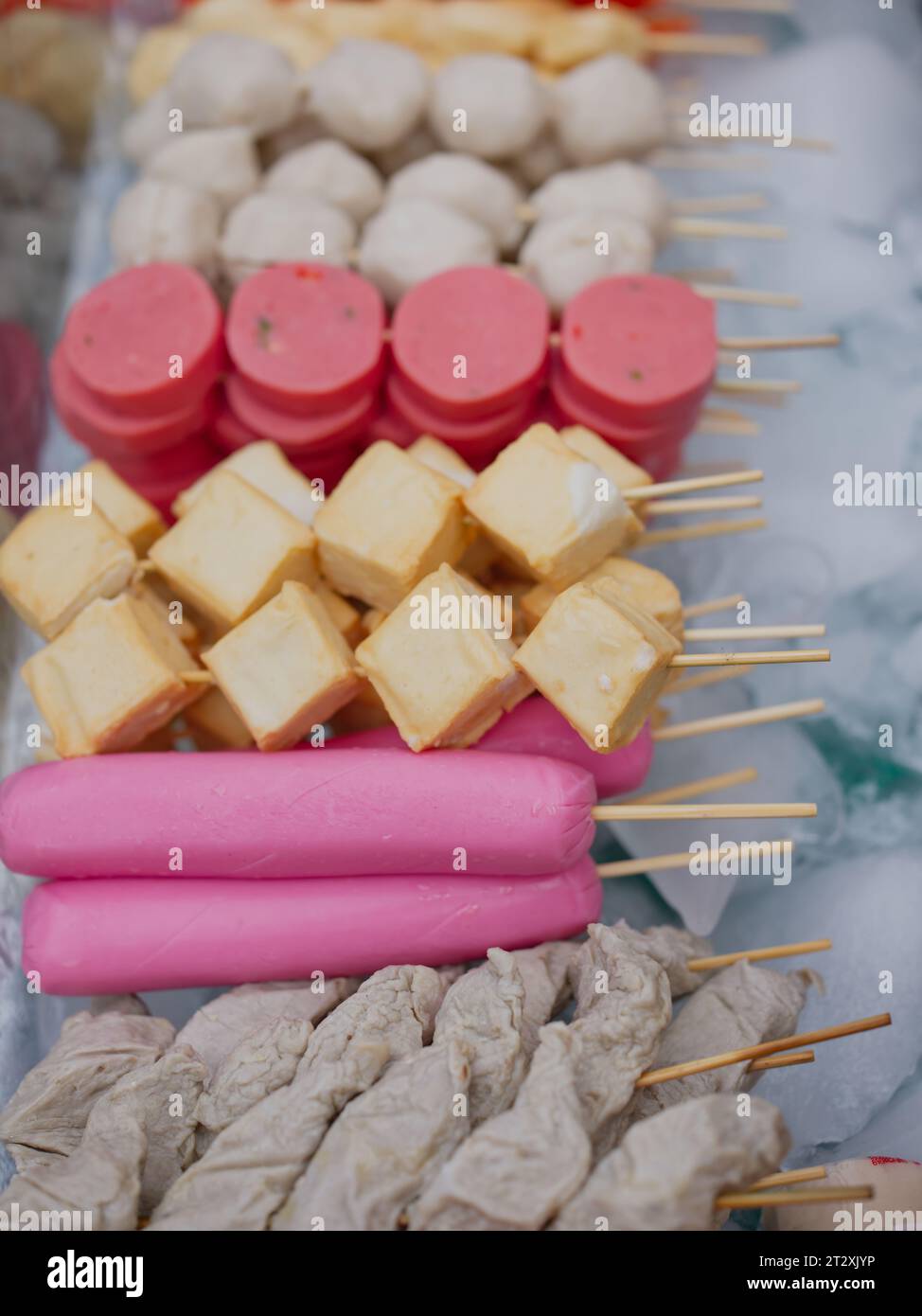 Meat and fish ball ,sausage wood stick at Street market , Thai Street