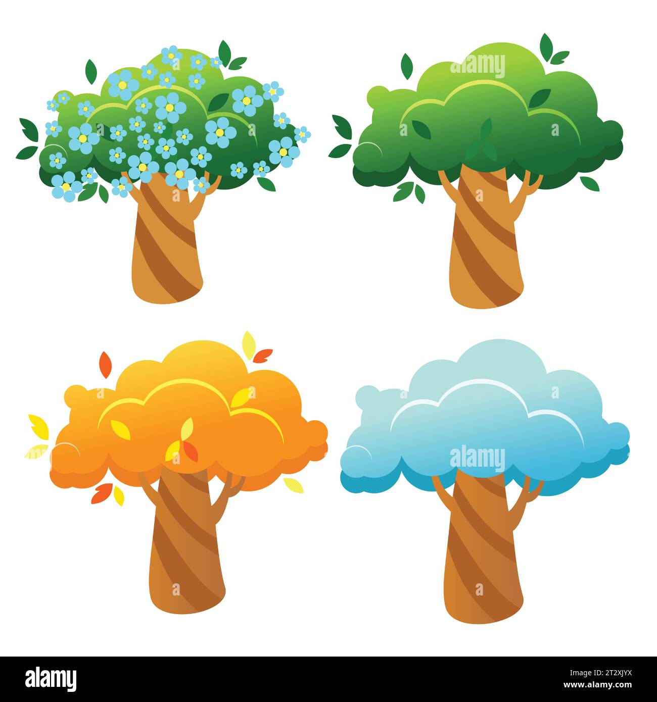 Set of trees of different seasons. Winter, spring, summer and autumn trees in cartoon style isolated on white background. Stock Vector