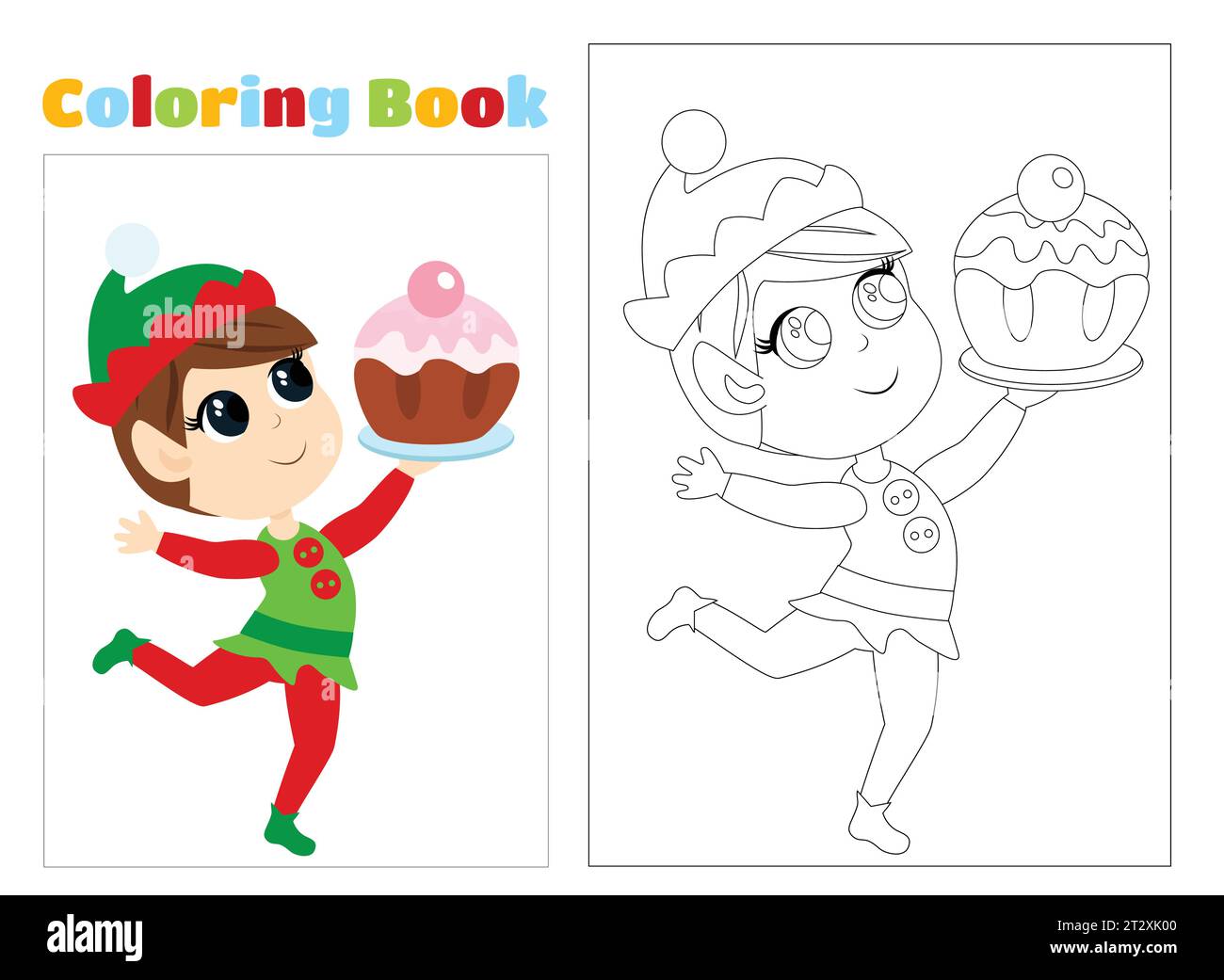 Coloring page. The elf runs and scatters the stars. The child is happy and smiling. The boy is wearing green elf clothes. Stock Vector