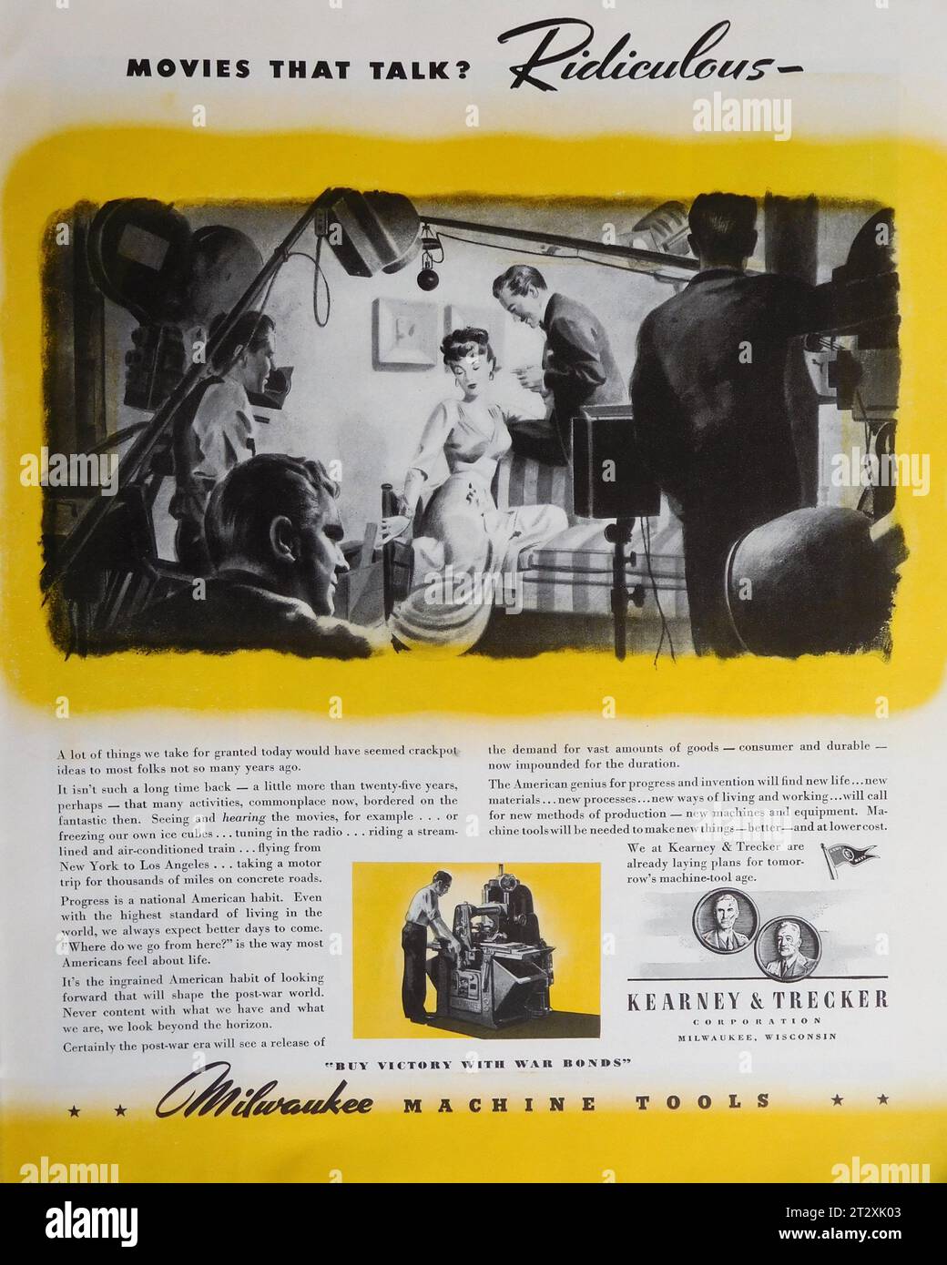 Movies that Talk ? Ridiculous 1943 US Magazine Advertisement for MILWAUKEE MACHINE TOOLS Stock Photo