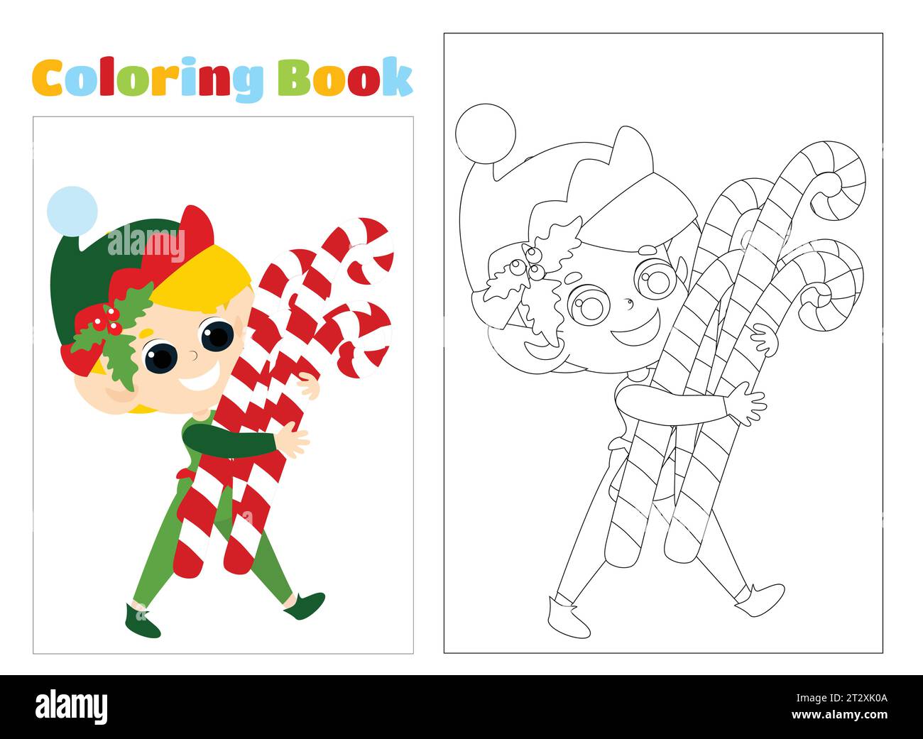 Coloring page. A happy little elf is carrying Christmas men in his hands. The boy is dressed in a traditional red and green suit. Stock Vector