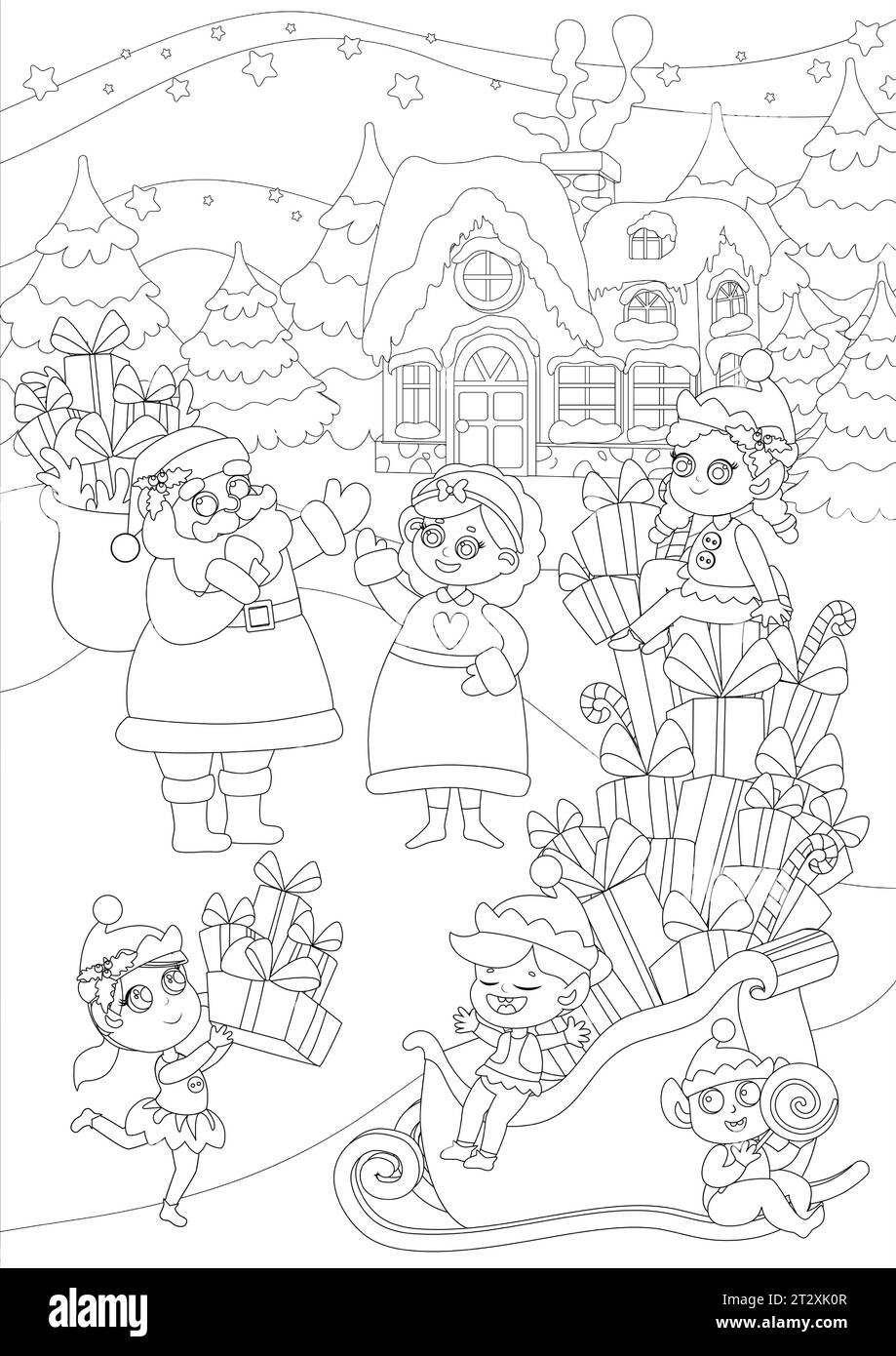 Coloring page. The scene near the house of Santa Claus. Under the evening sky stands Santa and Mrs. Santa, there are huge sleighs with presents. Stock Vector
