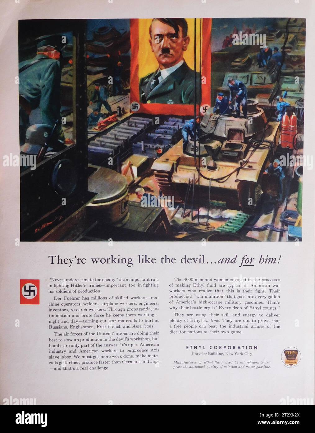 Nazi Tank Production must be countered by bombing and increased US production illustration from 1943 US Magazine Advertisement for ETHYL CORPORATION Stock Photo
