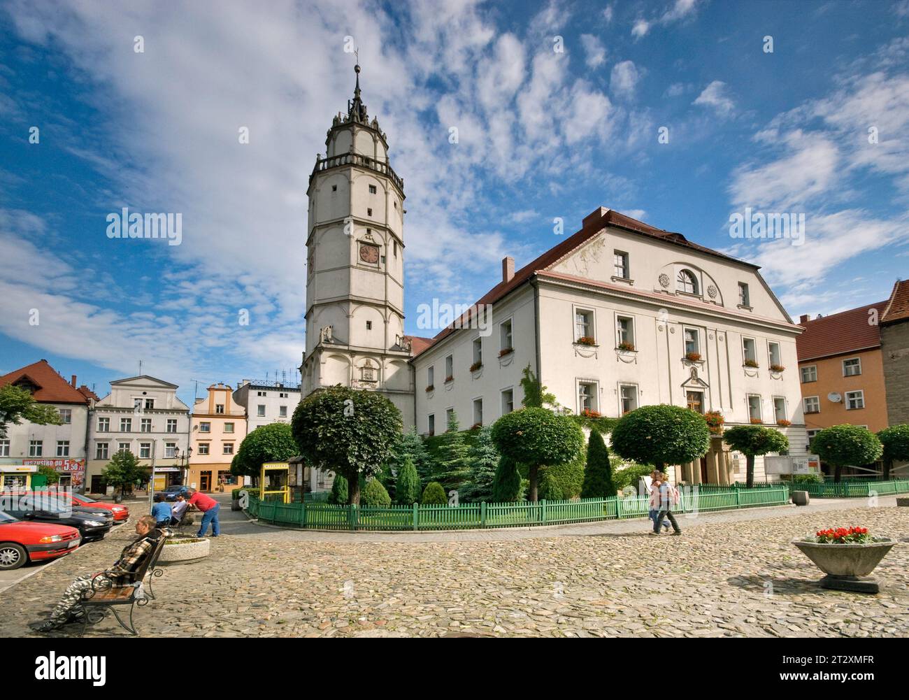 Town Hall, renaissance tower, at Rynek (Market Square) in Paczków, Opolskie, Poland Stock Photo