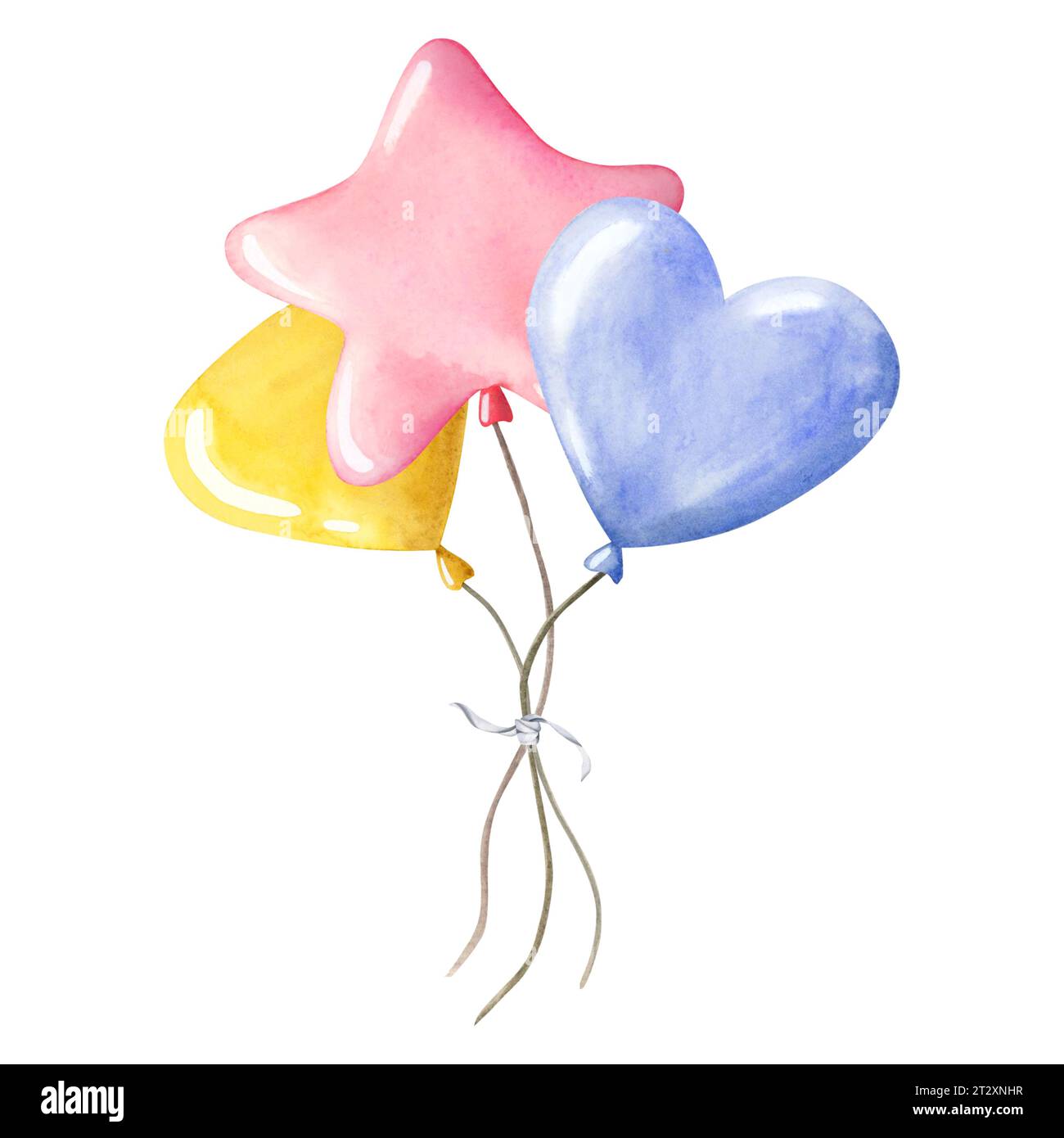 Pastel pink, lavender blue and yellow air balloons bouquet for kids birthday party watercolor illustration isolated on white background. Hand drawn cl Stock Photo