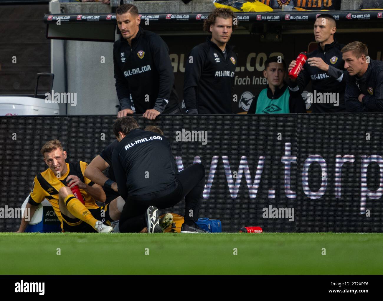 Dresden, Germany. 23rd July, 2022. Soccer: 3rd league, SG Dynamo Dresden - TSV  1860 Munich, Matchday 1, Rudolf-Harbig-Stadion. Dynamo's Tim Knipping  (l-r), Kyu-hyun Park, Dennis Borkowski and Manuel Schäffler cheer. Credit:  Robert