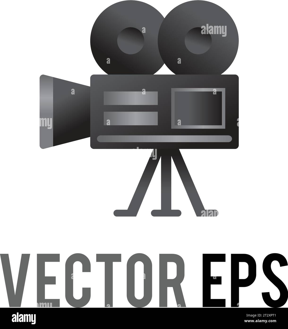 The isolated vector gray and black classic movie camera icon with two mounted reels of film, viewfinder, and lens, used for content concerning movies, Stock Vector