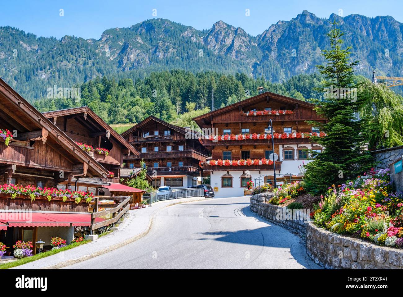 Alpbach Village, traditional wooden Alpine architecture, flowers on balconies, meadows, tall trees. Tyrol, Austria. Stock Photo