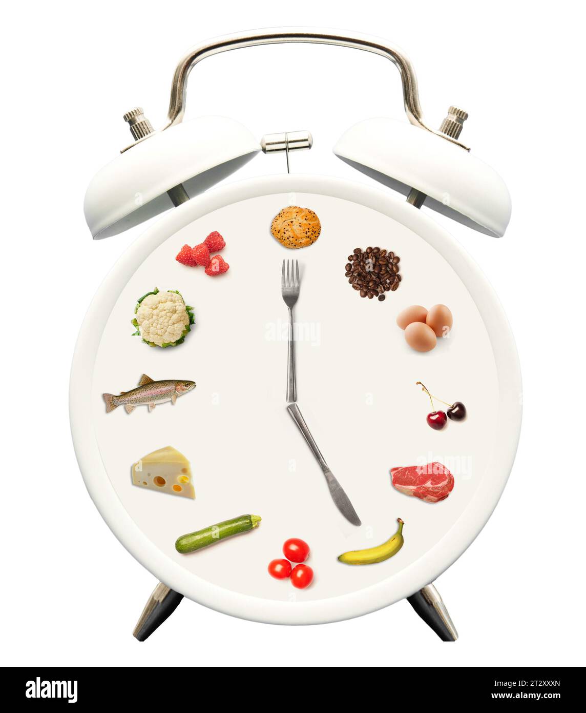 classical alarm clock with food in place of hours, with fork and knife