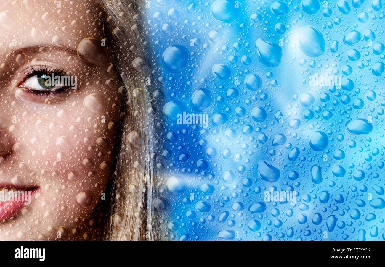 composite of a blond young woman face and water droplets Stock Photo