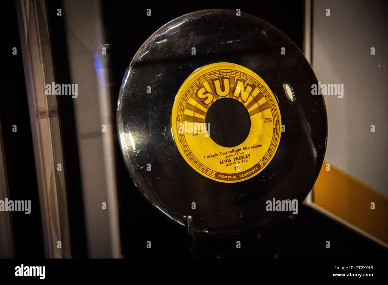 That's All Right, Elvis Presley's Sun record, at the Direct from Graceland: Elvis exhibition which is held at the Arches London Bridge 'Direct from Graceland: Elvis' exhibition, a major new retrospective exhibition exploring the life of Elvis Presley who to this day is one of the most iconic and influential figures of the 20th Century, is the opening exhibition at new arts and culture venue, Arches London Bridge.The Direct From Graceland: Elvis exhibition feature over 450 artifacts owned by Elvis Presley, direct from the icon's Graceland home in Memphis, Tennessee - including his military unif Stock Photo