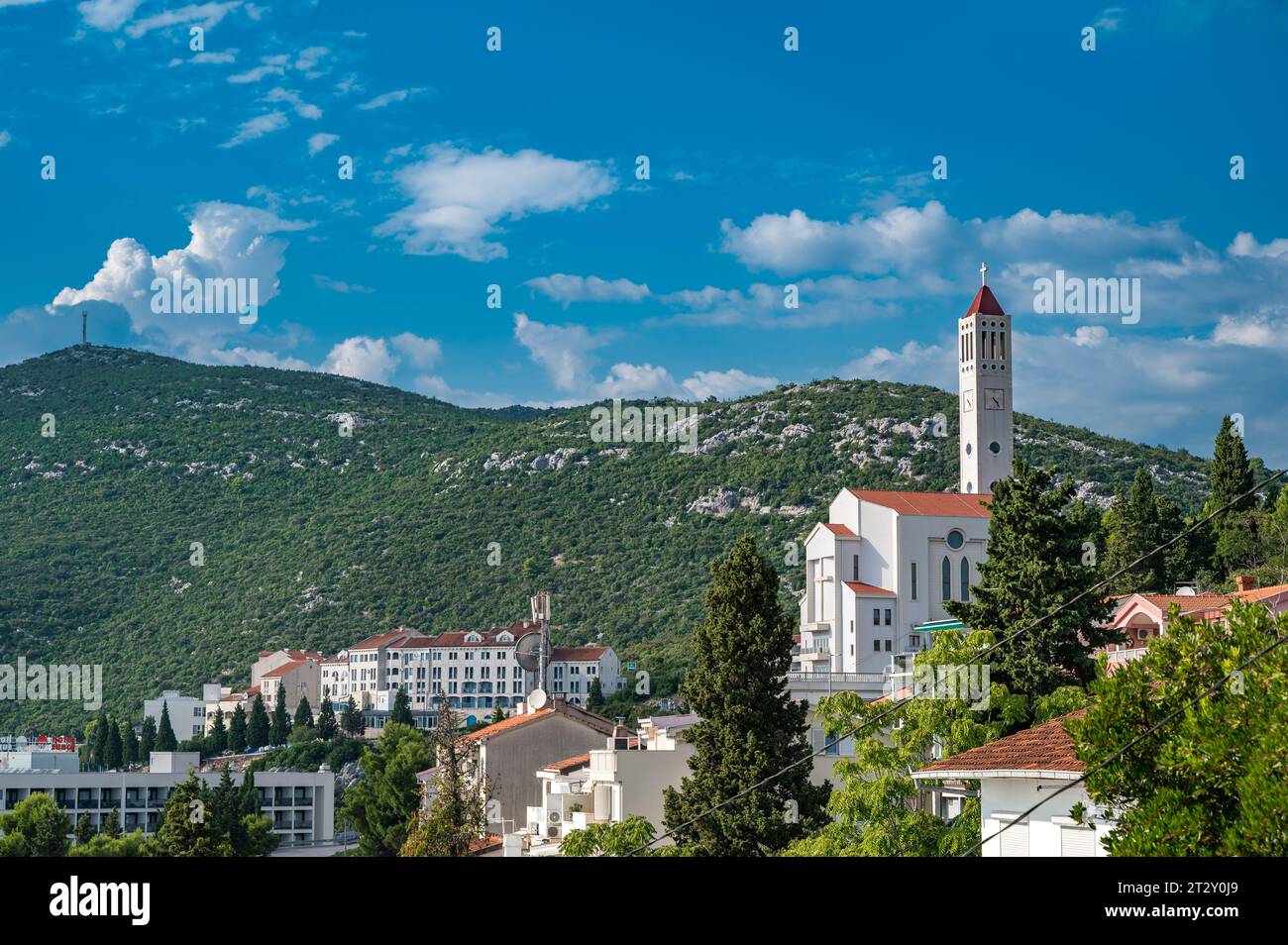 View of Bosnian city of Neum in summer with catholic church Crkva