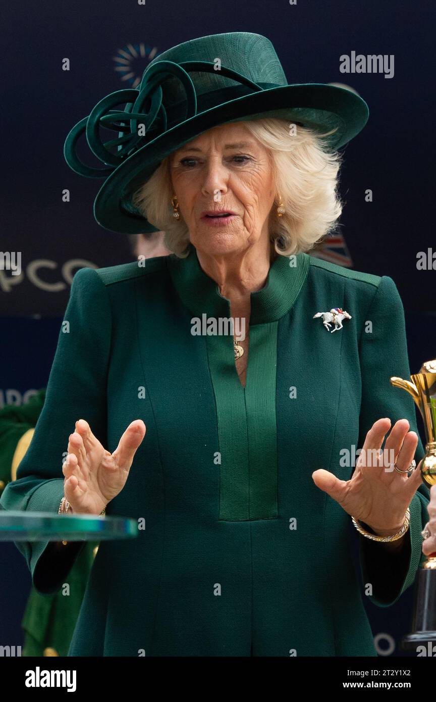Ascot, UK. 21st October, 2023. Queen Camilla attended the QIPCO British  Champions Day at Ascot Racecourse today. Queen Camilla wore a dark green  shift coat and matching hat as well as suede