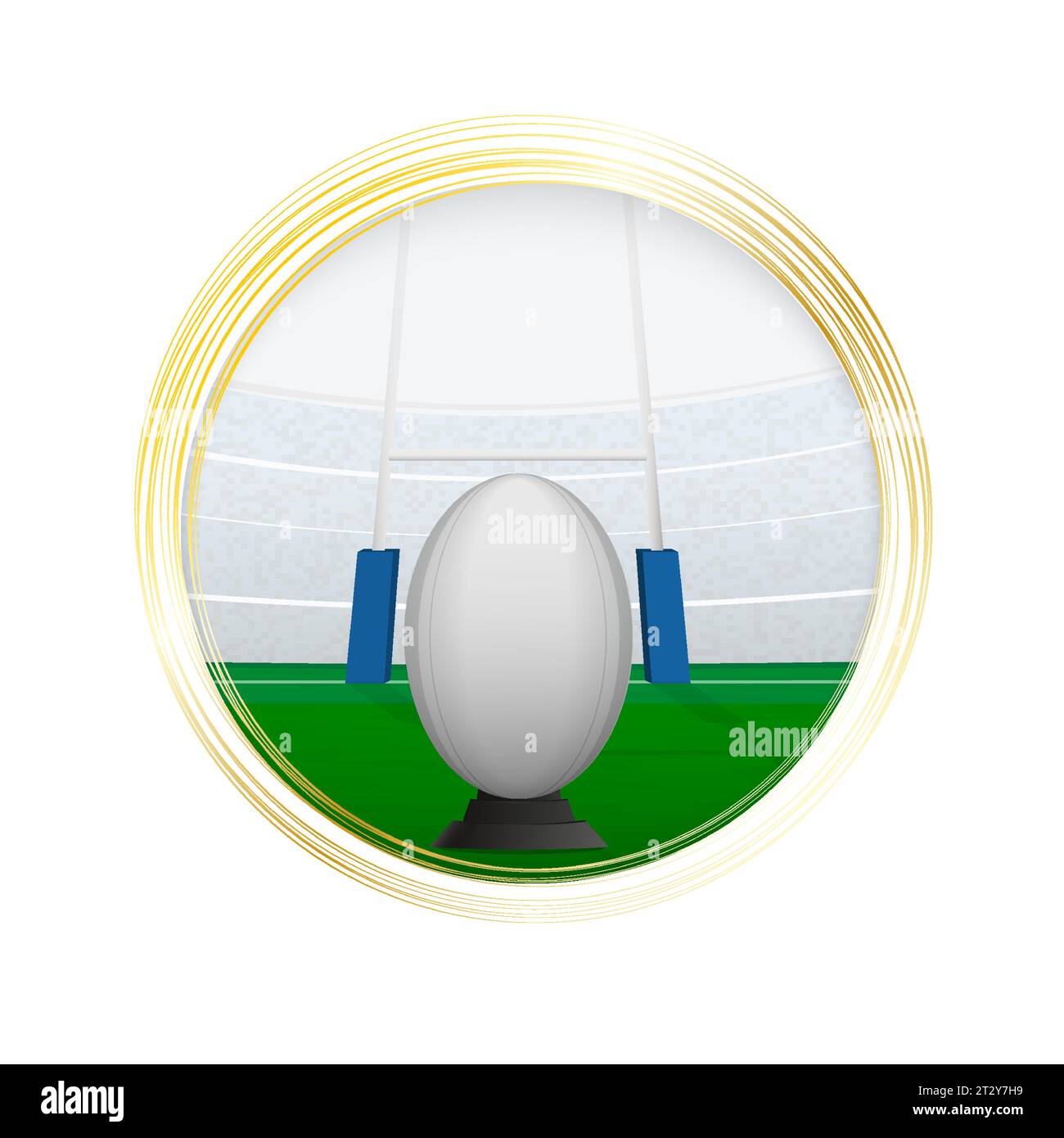 Rugby ball in center of goal posts, ready to be kicked. Golden rugby