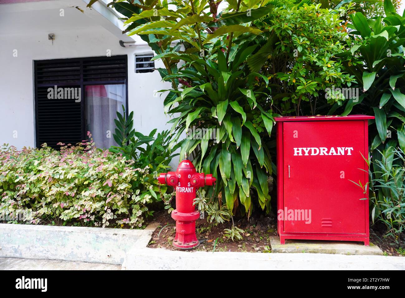 a red fire hydrant box and firefighting installation in a tranquil