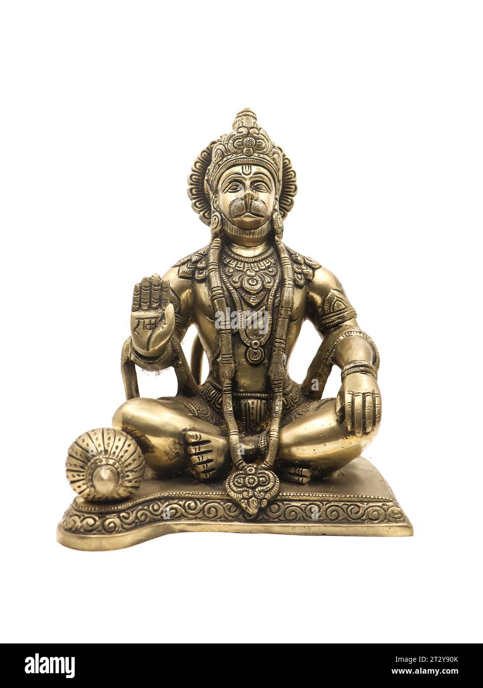 golden brass lord hanuman statue, a monkey god from ramayana of hindu mythology sitting and blessing made of isolated Stock Photo