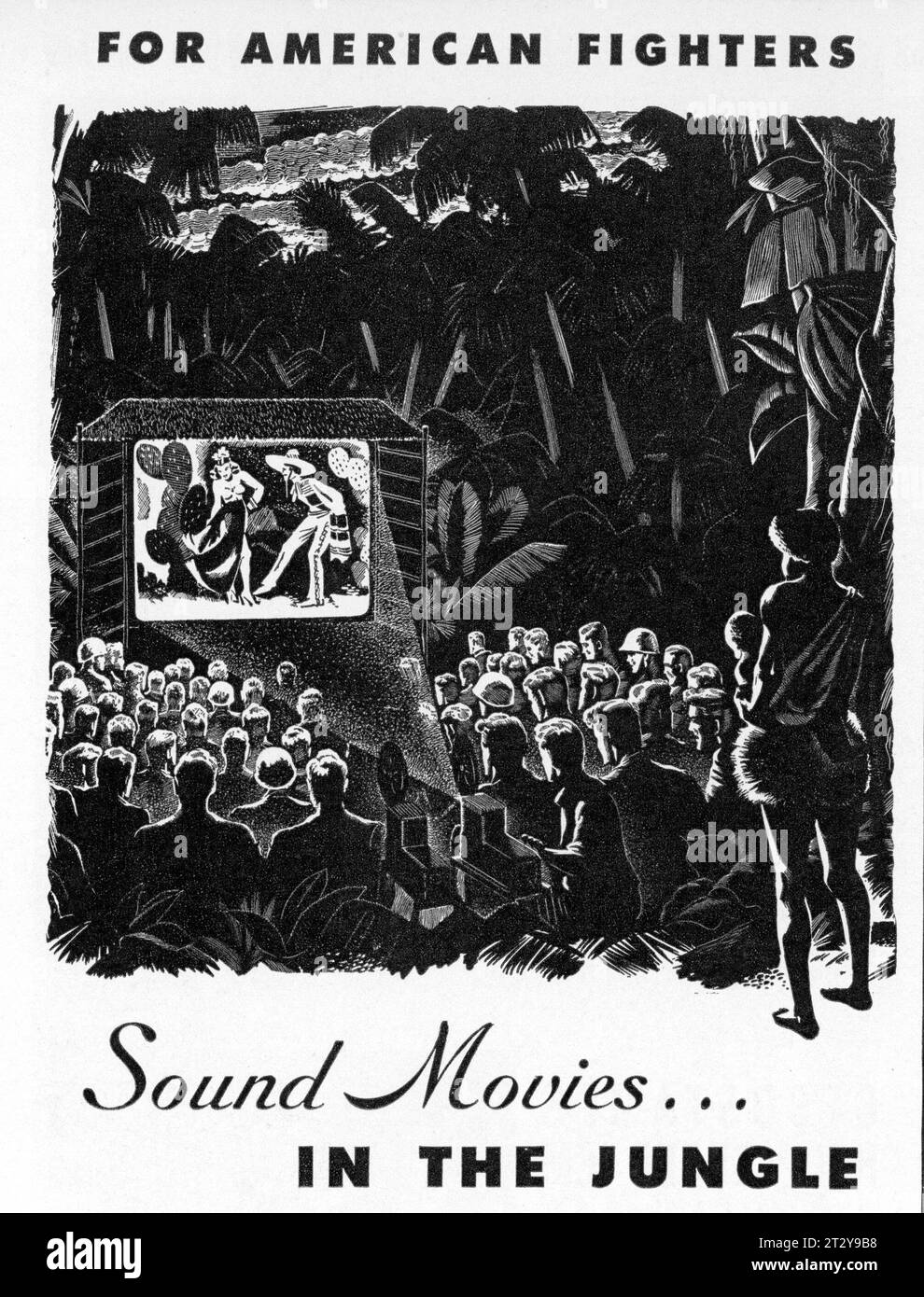 For American and Australian Soldiers in the Pacific War Sound Movies in the Jungle 1943 US Magazine Advertisement for AMPRO Precision Cine Equipment featuring their Ampro Dual Unit Stock Photo