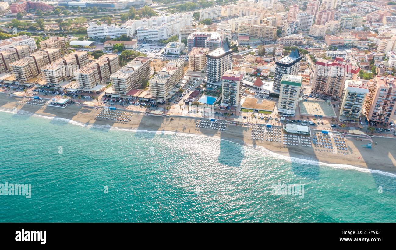 Fuengirola Spain, Aerial view on Coast of sea and buildings. Drone