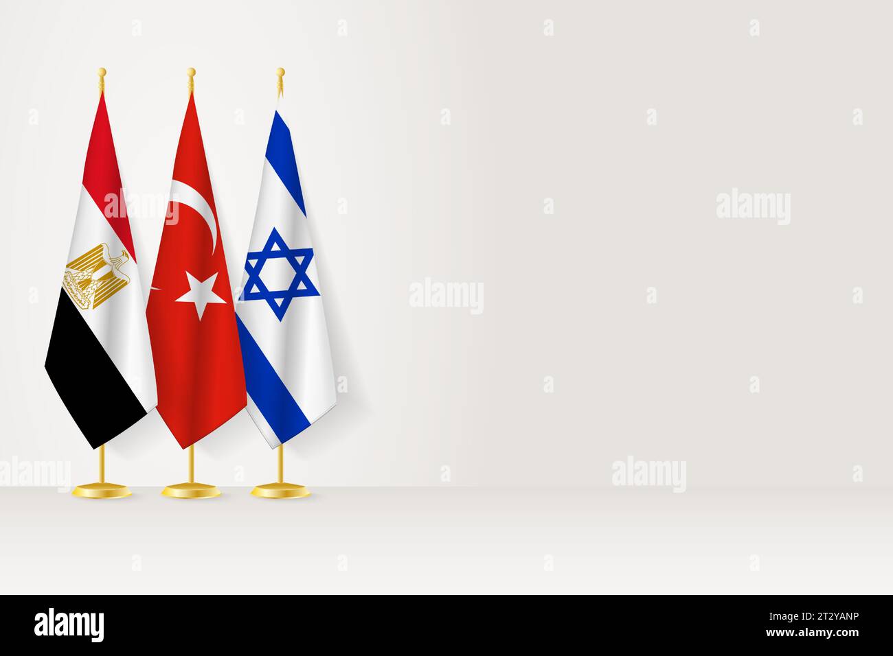 Flags of Egypt, Turkey and Israel stand in row on indoor flagpole.  Vector illustration. Stock Vector