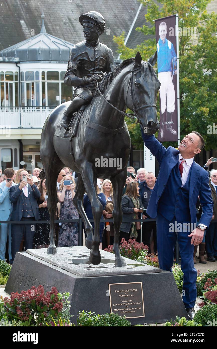 Ascot, Berkshire, UK. 21st October, 2023. Her Majesty Queen Camilla was at the unveiling of a statue of jockey Frankie Dettori at the QIPCO British Champions Day today at Ascot Recourse. The sculpture was designed by artist and sculptor Tristram Lewis. Frankie Dettori said “Ascot has been everything to me – my first Group 1 winner when I was 19 – it is where it all started and concludes with nine Gold Cups, seven King Georges, 81 winners at Royal Ascot and hopefully some victories today'. Credit: Maureen McLean/Alamy Live News Stock Photo