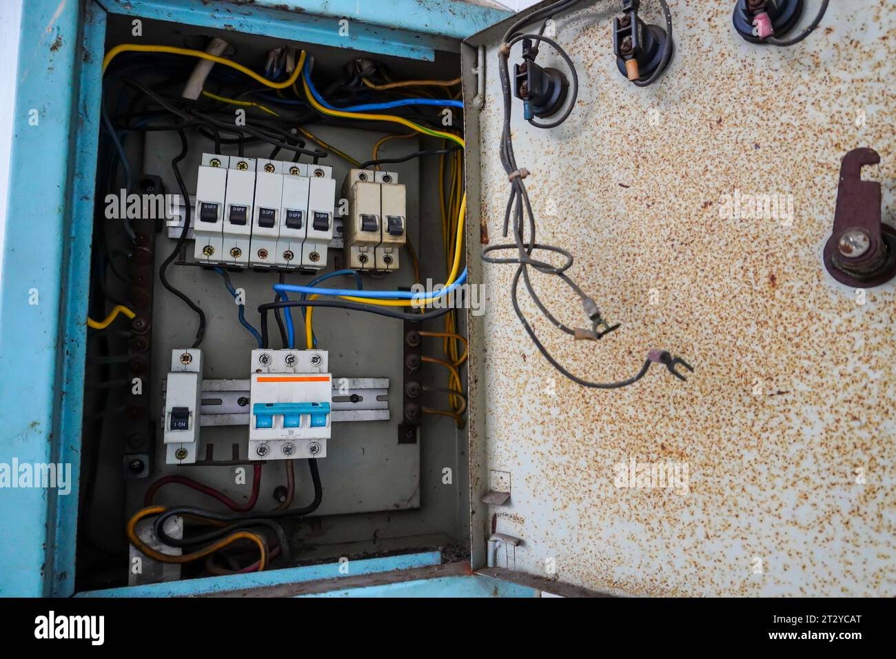 Power distribution board. Electrical panel with a row of fuses for