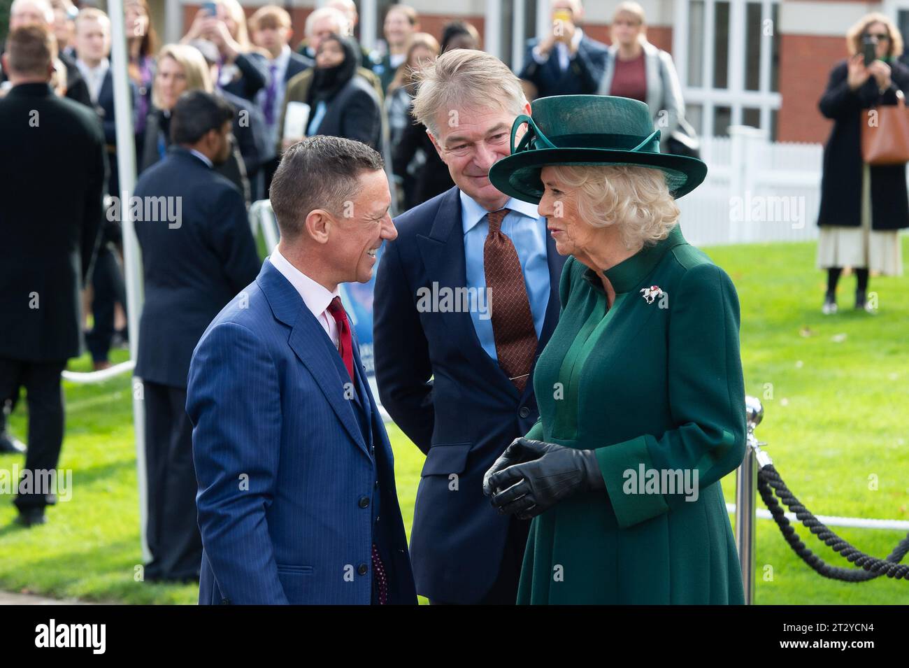 Ascot, Berkshire, UK. 21st October, 2023. Her Majesty Queen Camilla was at the unveiling of a statue of jockey Frankie Dettori at the QIPCO British Champions Day today at Ascot Recourse. The sculpture was designed by artist and sculptor Tristram Lewis (M). Frankie Dettori said “Ascot has been everything to me – my first Group 1 winner when I was 19 – it is where it all started and concludes with nine Gold Cups, seven King Georges, 81 winners at Royal Ascot and hopefully some victories today'.  “It’s wonderful to be immortalised at such a great track, and to have your own statue while you are s Stock Photo