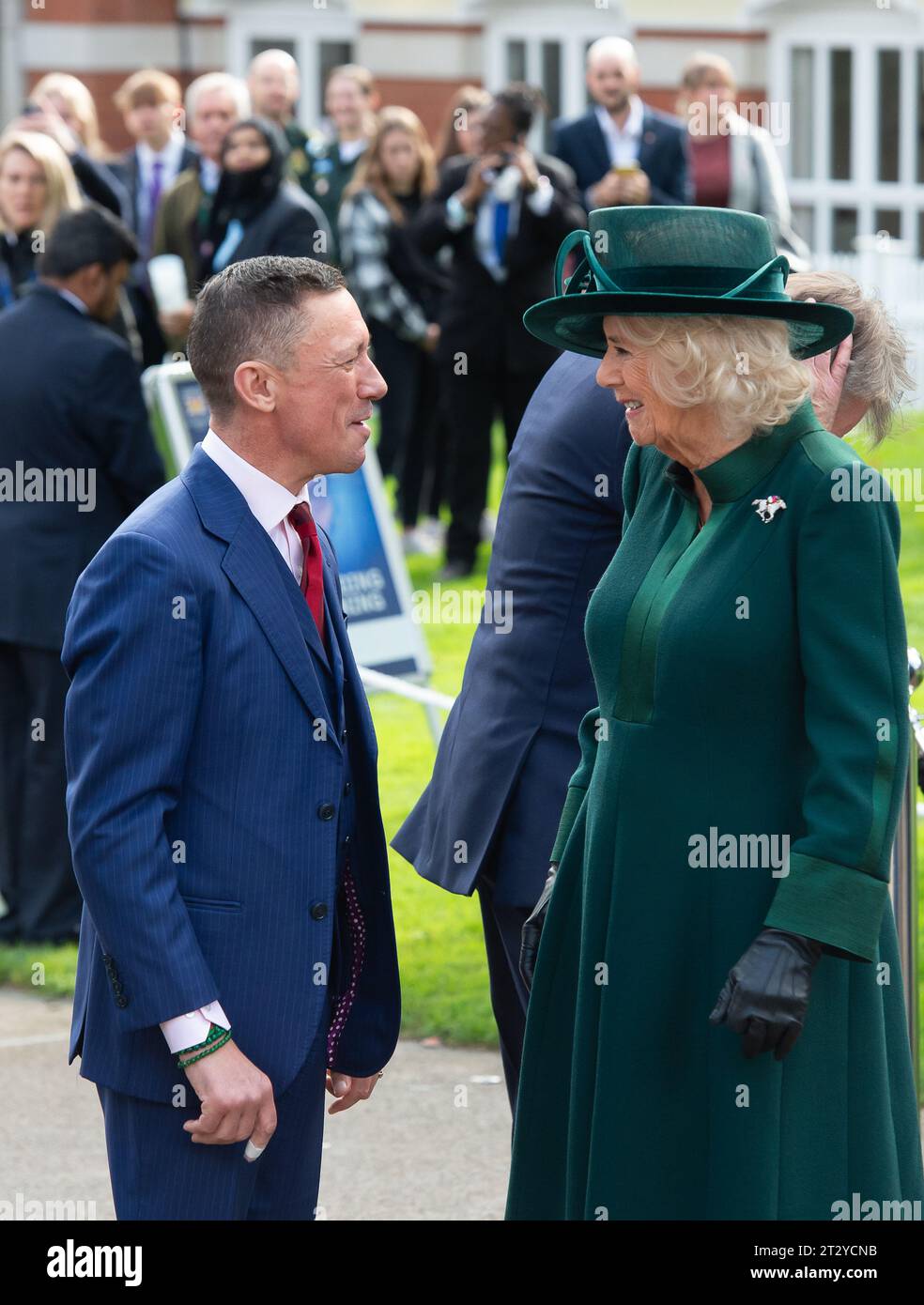 Ascot, Berkshire, UK. 21st October, 2023. Her Majesty Queen Camilla was at the unveiling of a statue of jockey Frankie Dettori at the QIPCO British Champions Day today at Ascot Recourse. The sculpture was designed by artist and sculptor Tristram Lewis (M). Frankie Dettori said “Ascot has been everything to me – my first Group 1 winner when I was 19 – it is where it all started and concludes with nine Gold Cups, seven King Georges, 81 winners at Royal Ascot and hopefully some victories today'.  “It’s wonderful to be immortalised at such a great track, and to have your own statue while you are s Stock Photo