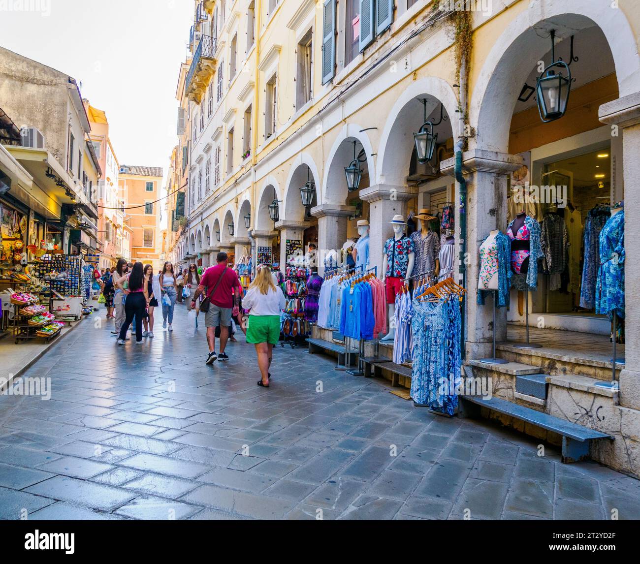 Streets of shops in the vibrant Byzantine town of Kerkira or Corfu Town capital of the island of Corfu in the Ionian Islands of Greece Stock Photo