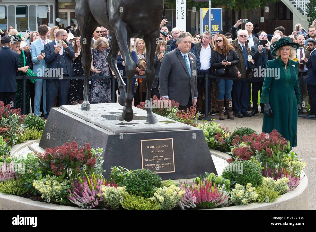 Ascot, Berkshire, UK. 21st October, 2023. Her Majesty Queen Camilla was at the unveiling of a statue of jockey Frankie Dettori at the QIPCO British Champions Day today at Ascot Recourse. The sculpture was designed by artist and sculptor Tristram Lewis. Frankie Dettori said “Ascot has been everything to me – my first Group 1 winner when I was 19 – it is where it all started and concludes with nine Gold Cups, seven King Georges, 81 winners at Royal Ascot and hopefully some victories today'.  “It’s wonderful to be immortalised at such a great track, and to have your own statue while you are still Stock Photo