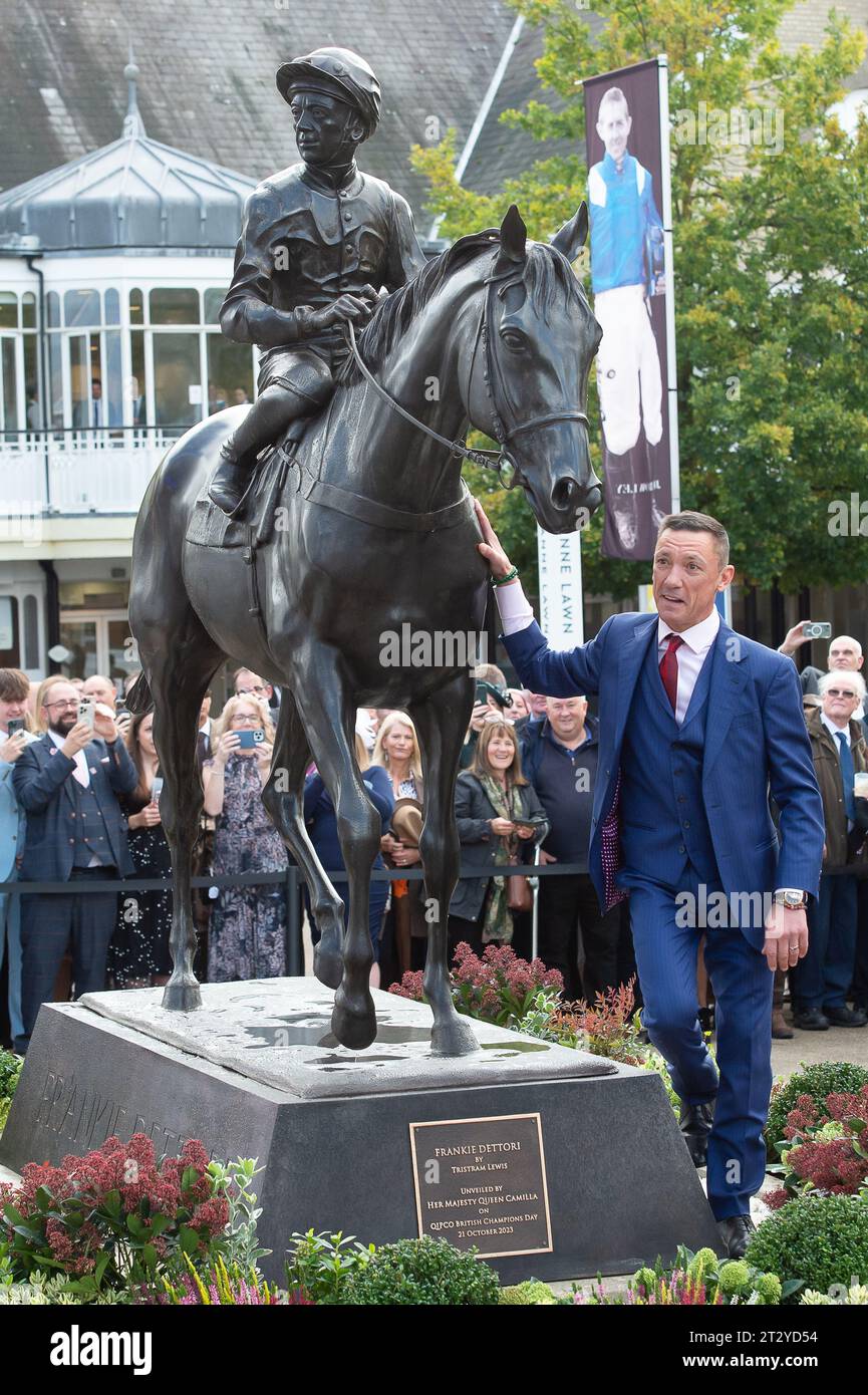 Ascot, Berkshire, UK. 21st October, 2023. Her Majesty Queen Camilla was at the unveiling of a statue of jockey Frankie Dettori at the QIPCO British Champions Day today at Ascot Recourse. The sculpture was designed by artist and sculptor Tristram Lewis. Frankie Dettori said “Ascot has been everything to me – my first Group 1 winner when I was 19 – it is where it all started and concludes with nine Gold Cups, seven King Georges, 81 winners at Royal Ascot and hopefully some victories today'.  “It’s wonderful to be immortalised at such a great track, and to have your own statue while you are still Stock Photo