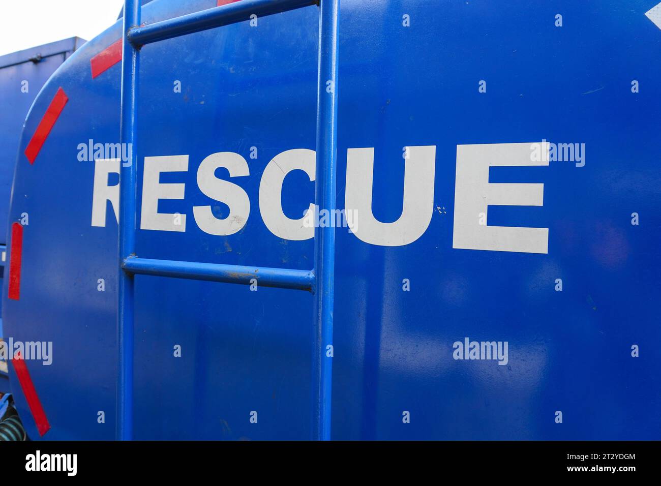 Selective attention on the 'Rescue' writing at the rear of a blue water