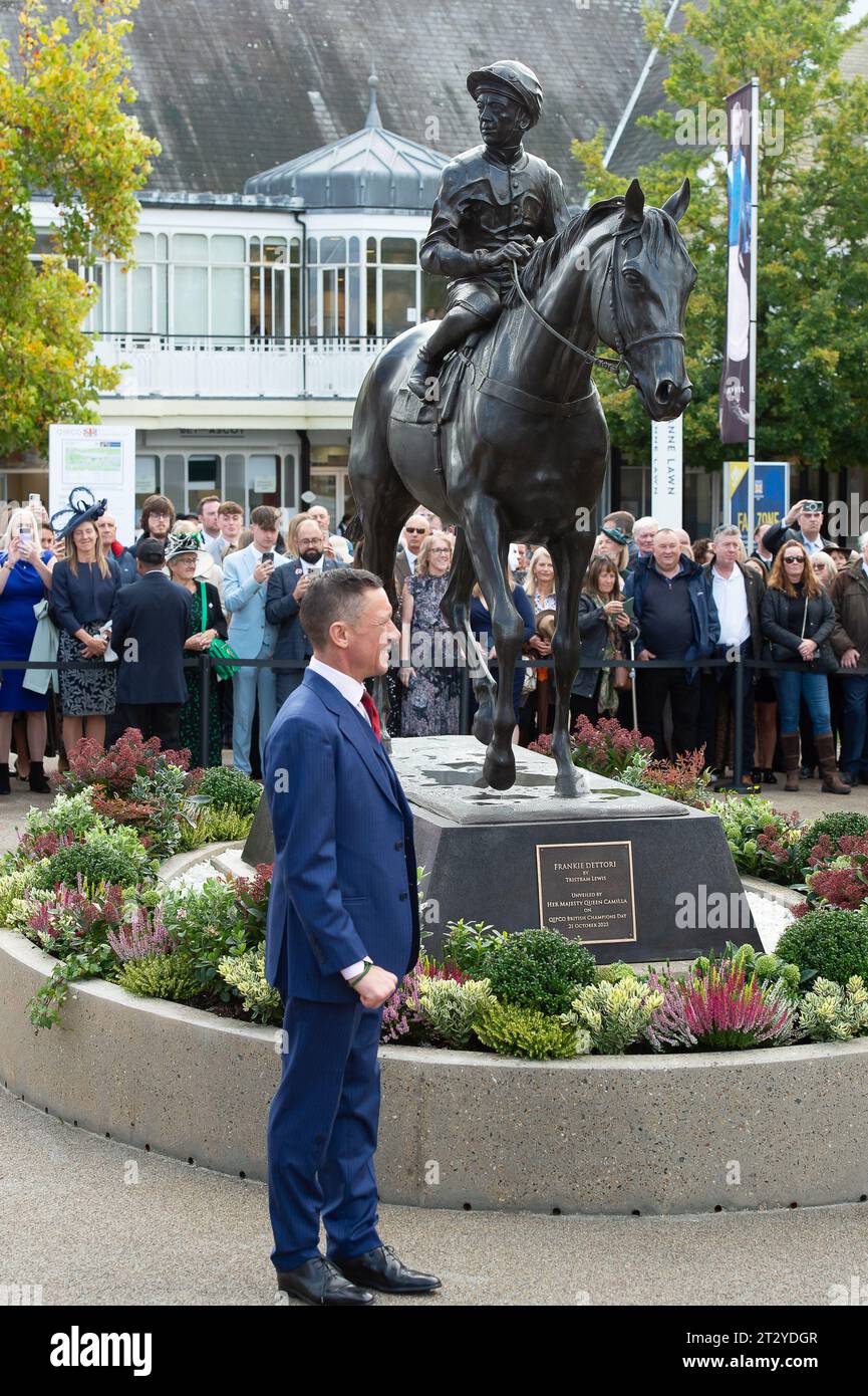 Ascot, Berkshire, UK. 21st October, 2023. Her Majesty Queen Camilla was at the unveiling of a statue of jockey Frankie Dettori at the QIPCO British Champions Day today at Ascot Recourse. The sculpture was designed by artist and sculptor Tristram Lewis. Frankie Dettori said “Ascot has been everything to me – my first Group 1 winner when I was 19 – it is where it all started and concludes with nine Gold Cups, seven King Georges, 81 winners at Royal Ascot and hopefully some victories today'.  “It’s wonderful to be immortalised at such a great track, and to have your own statue while you are still Stock Photo