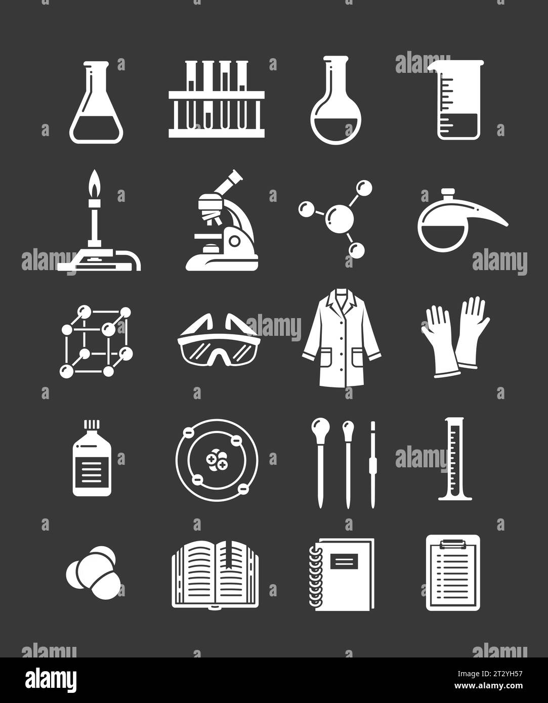 Chemistry lab icons. Chemical laboratory equipment symbols. Chemistry class, school subject glyphs. Simple white silhouette pictograms of microscope, Stock Vector