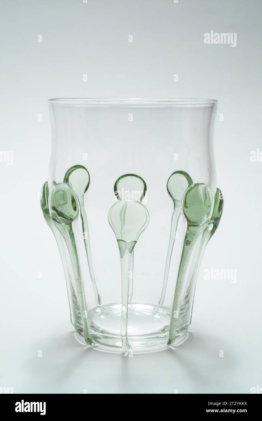 Whitefriars Glass Harry Powell 1910 Arts & Crafts Tumbler with applied Sea Green Teardrop Prunts. London, UK Stock Photo