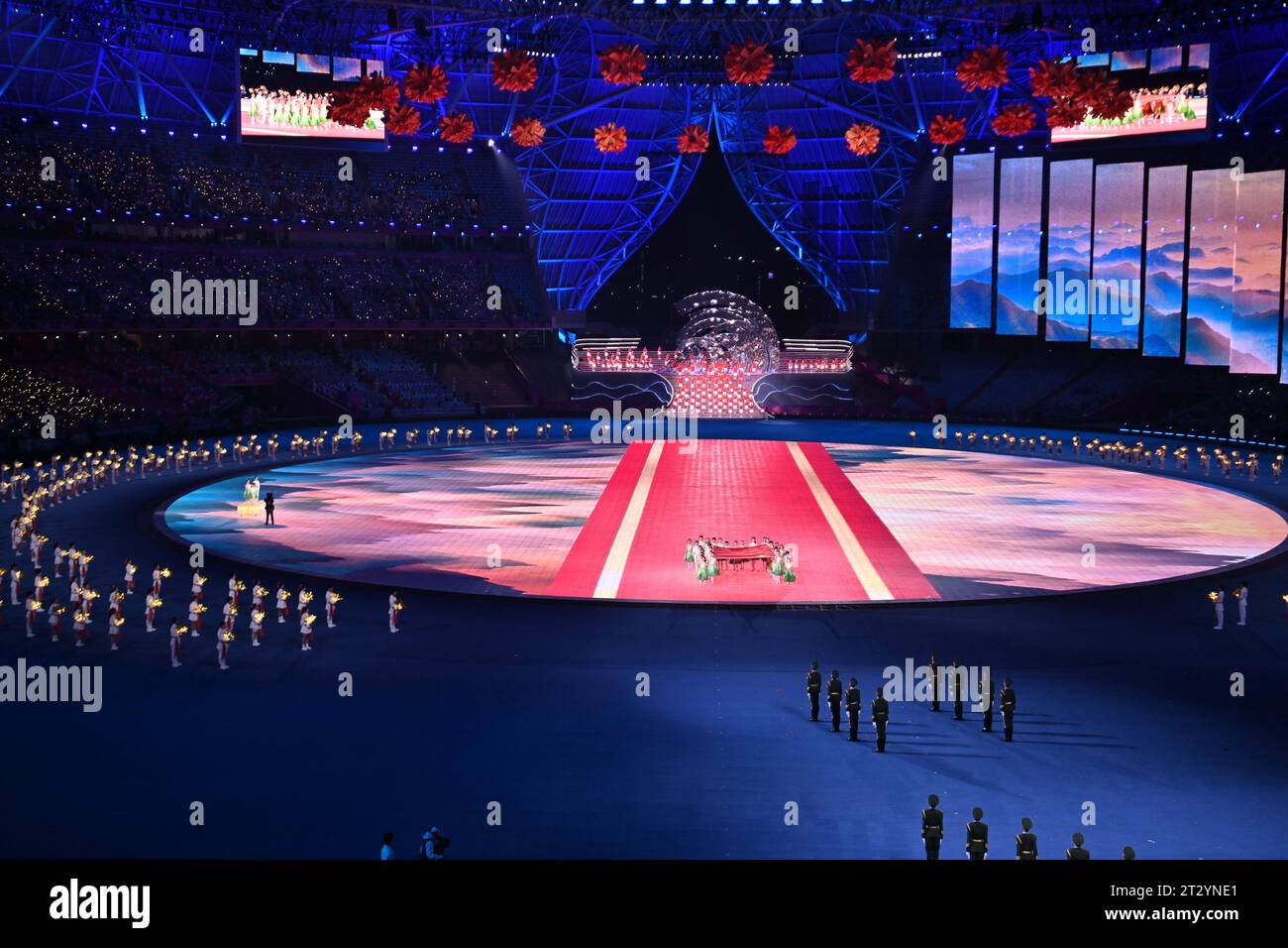 Hangzhou. 22nd Oct, 2023. Flag bearers carry the Chinese national flag