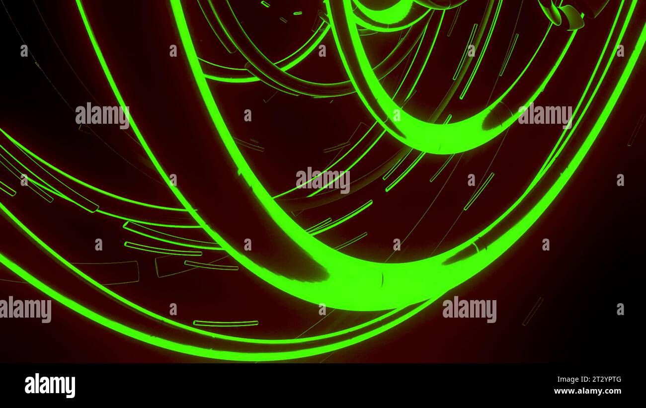 Abstract technological rings rotating fast. Design. Spinning green neon ...